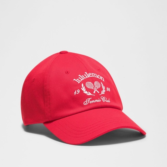NEW LULULEMON Classic Ball Cap Tennis Club Lulu Red White Script Logo Cotton O/S - Picture 1 of 7